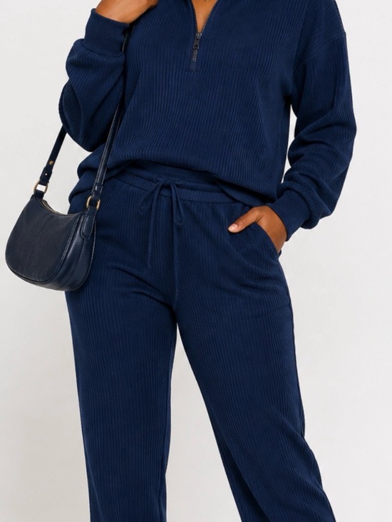 PrettyGarden Pants - AthLeisure Preppy Prettygarden Relaxed Navy Ribbed Joggers with Drawstring Waist